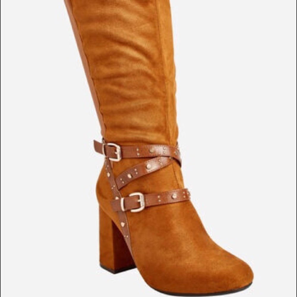 Ashley Stewart Suede Cognac Block Heel Boots